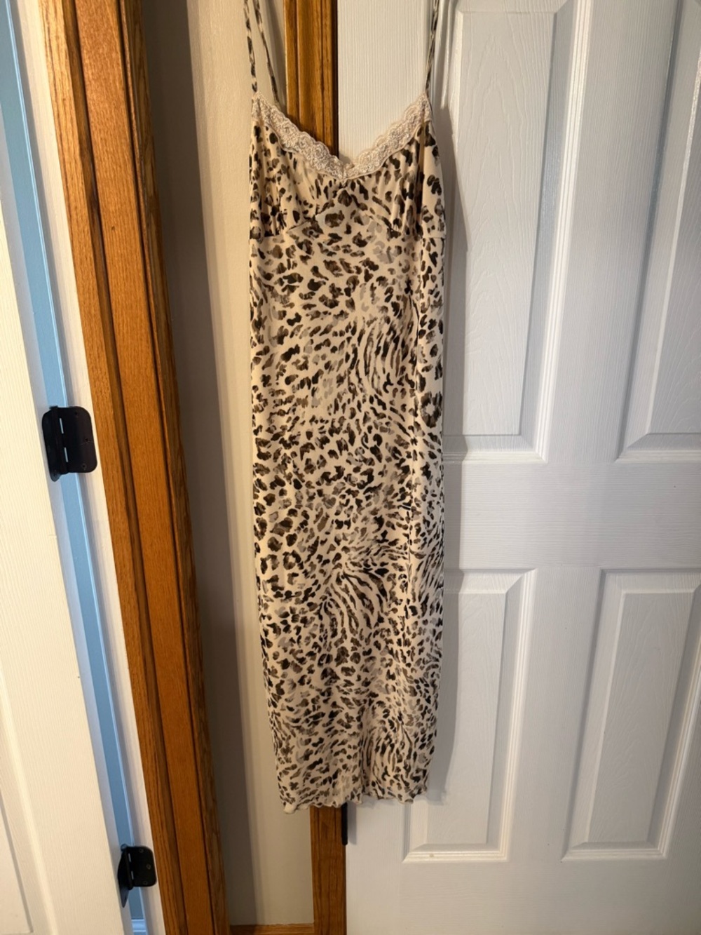 Leopard Print Beige Maxi Slip Dress with Lace Trim